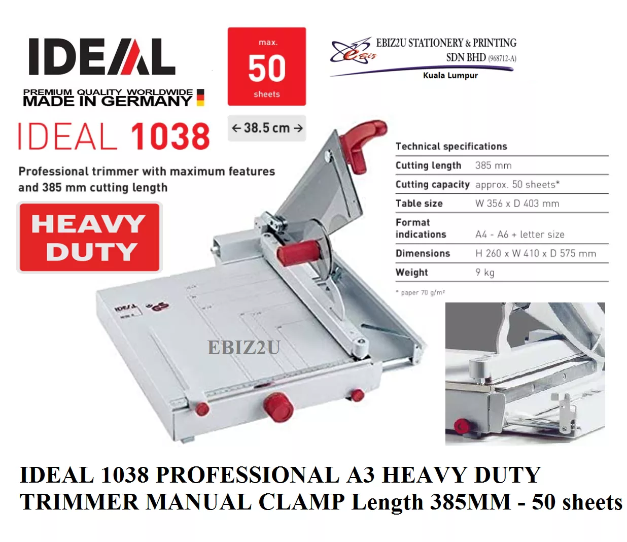 IDEAL 1038 PROFESSIONAL A3 HEAVY DUTY TRIMMER MANUAL CLAMP Length 385MM - 50 sheets (Paper Cutter, Paper Trimmer, Rotary Trimmer, Heavy Duty Cutter, guillotine paper trimmer, Paper cutter, A4 paper cutter)