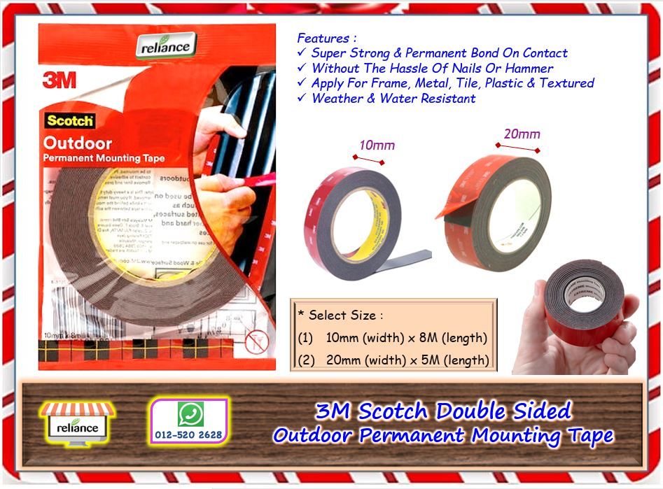 3M Outdoor Permanent Mounting Tape / 3M Scotch Double Sided Self Adhesive Tape / 3M Double Sided Acrylic Foam Tape # Super Strong Adhesive Tape # Outdoor & Indoor Adhesive # Saiz : 10 mm x 8 meter # RP0706 ( KTT : 1 Gulung )
