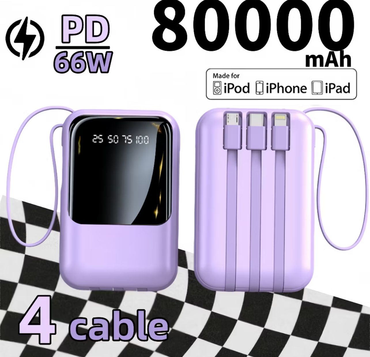 OEM Powerbank Original 80000mah mini power bank Built-in 4 Cables Full Mirror Screen Ultra Fast Charging