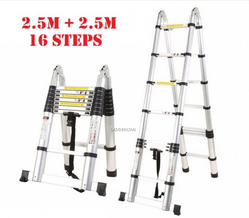 5M (2.5M+2.5M) DOUBLE-SIDED MULTIPURPOSE TELESCOPIC EXTENDABLE ALUMINIUM LADDER T2W25