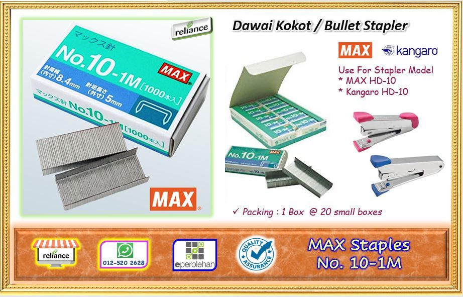 MAX Staples No.10 ( MAX 10-1M ) / MAX Bullet Kecil / Staples Bullet / Dawai Kokot No. 10-1M # Use For Stapler HD-10 # Original MAX # Produk Japan # RP-0195 ( KTT : 1 Kotak @ 20 kotak kecil )