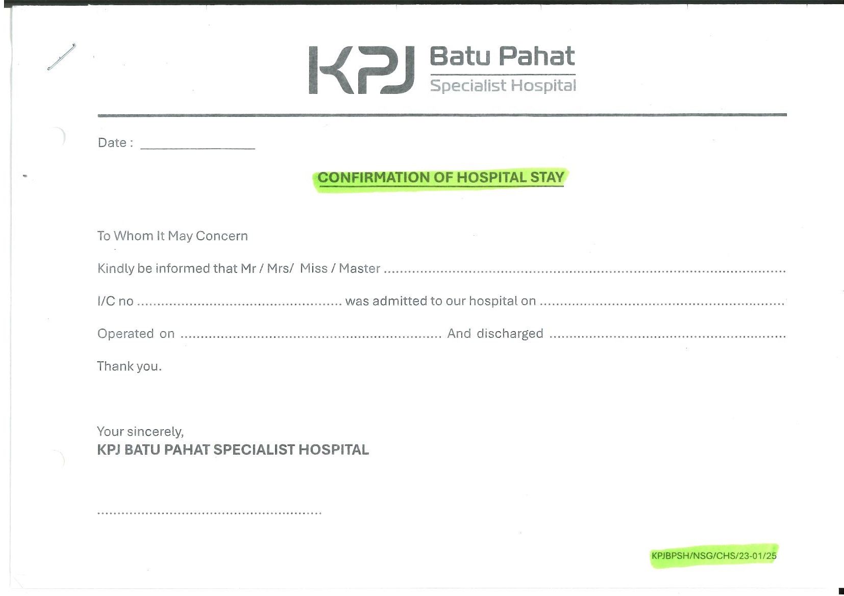 Confirmation Of Hospital Stay