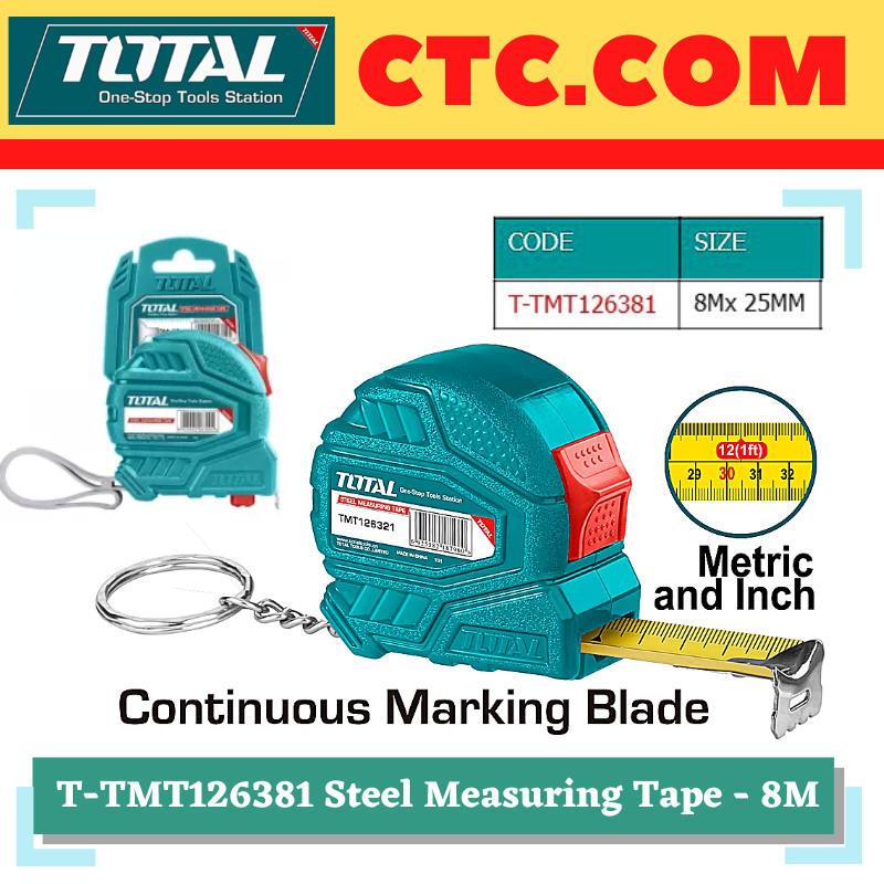 TOTAL - 8M X 25MM Steel Measuring Tape (Continuous Marking Blade)-(T-TMT126381) / Measuring tape / Measuring Ruler / Pull Ruler / Measuring Tool / Ruler