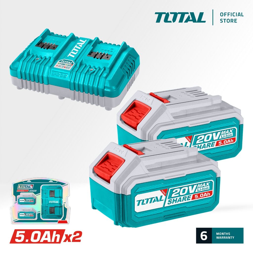 TOTAL LI-ION BATTERY & CHARGER KIT (20V) + 5.0AH BATTERY (2 PCS) + 4000MA DUAL PORT CHARGER P20S TFBCPK2425