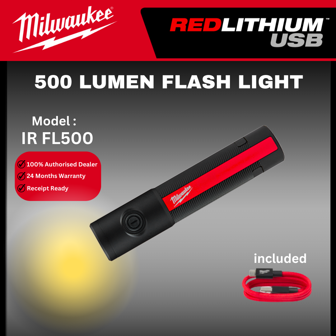 Milwaukee Internal Rechargeable Flash Light 500 Max Lumens / IR FL500 / Flashlight / Worklight / Task Light / Torch light / Milwaukee Light / Milwaukee Lampu