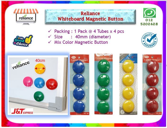 Magnetic Whiteboard Button - 40mm / Magnet Button / Butang Magnet # Magnet Bar # Warna Campuran # RP0614 ( KTT : 1 Pack @ 4 Tube x 4 Biji )