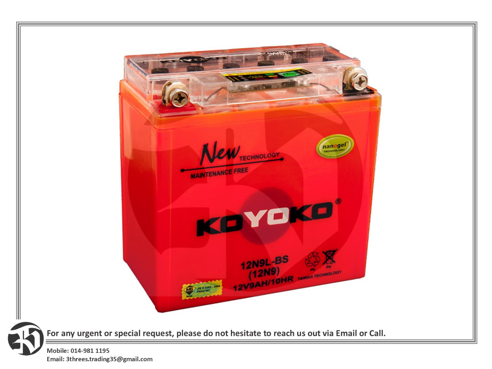 KOYOKO Maintenance Free Nanogel Battery / Motorcycle Battery 12N9L-BS (12N9) 12V9AH/10HR