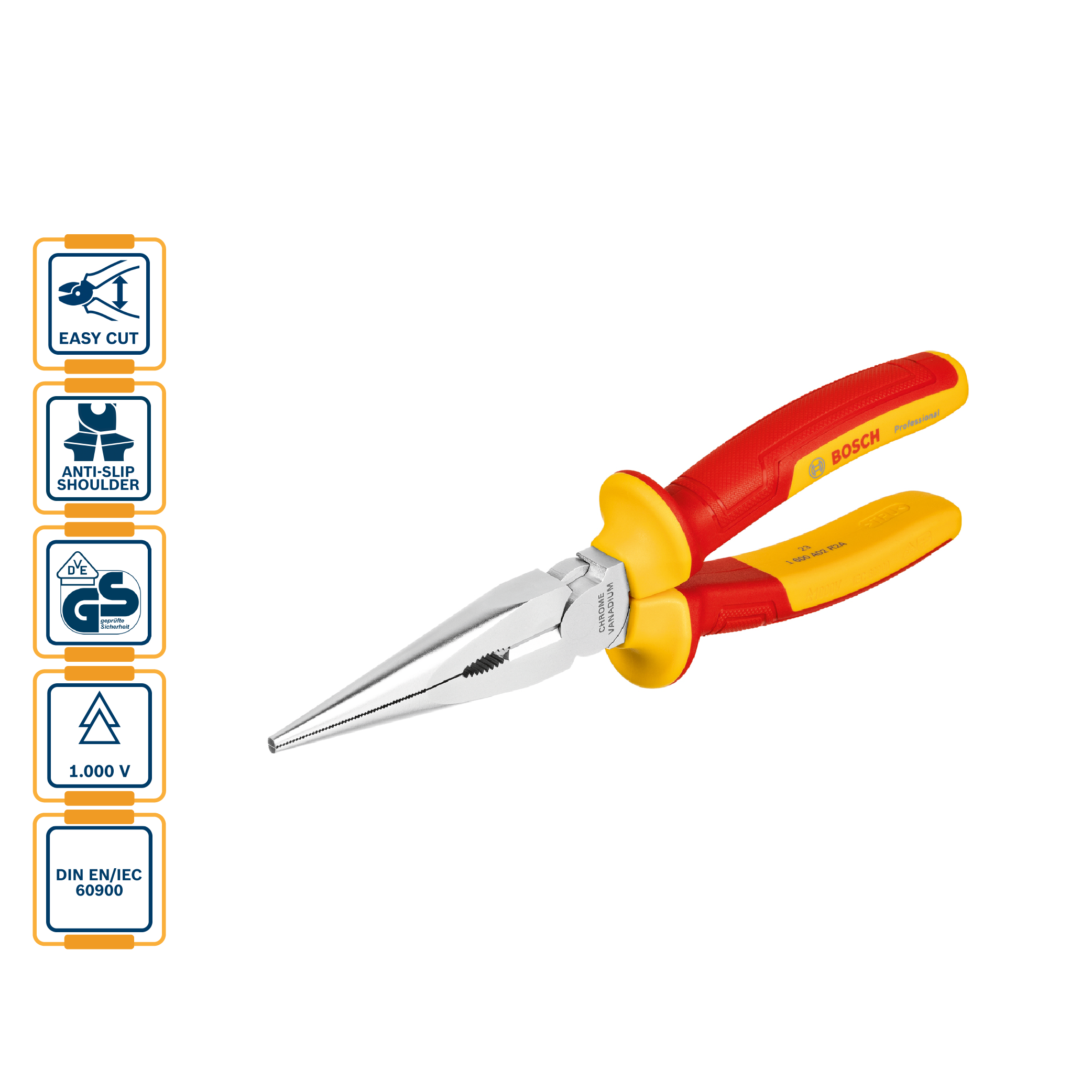 BOSCH Insulated (VDE) Long Nose Plier straight 200mm (8") - 1600A02NE3