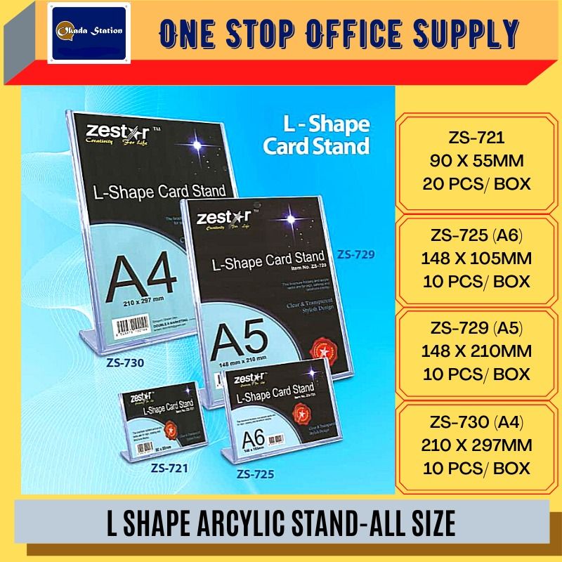 L SHAPE ACRYLIC STAND -ALL SIZE (A6)(A5)(A4) / Zestar / Acrylic Stand / L Shape Acrylic Stand / 90 x 55mm / A4 / A5 / A6