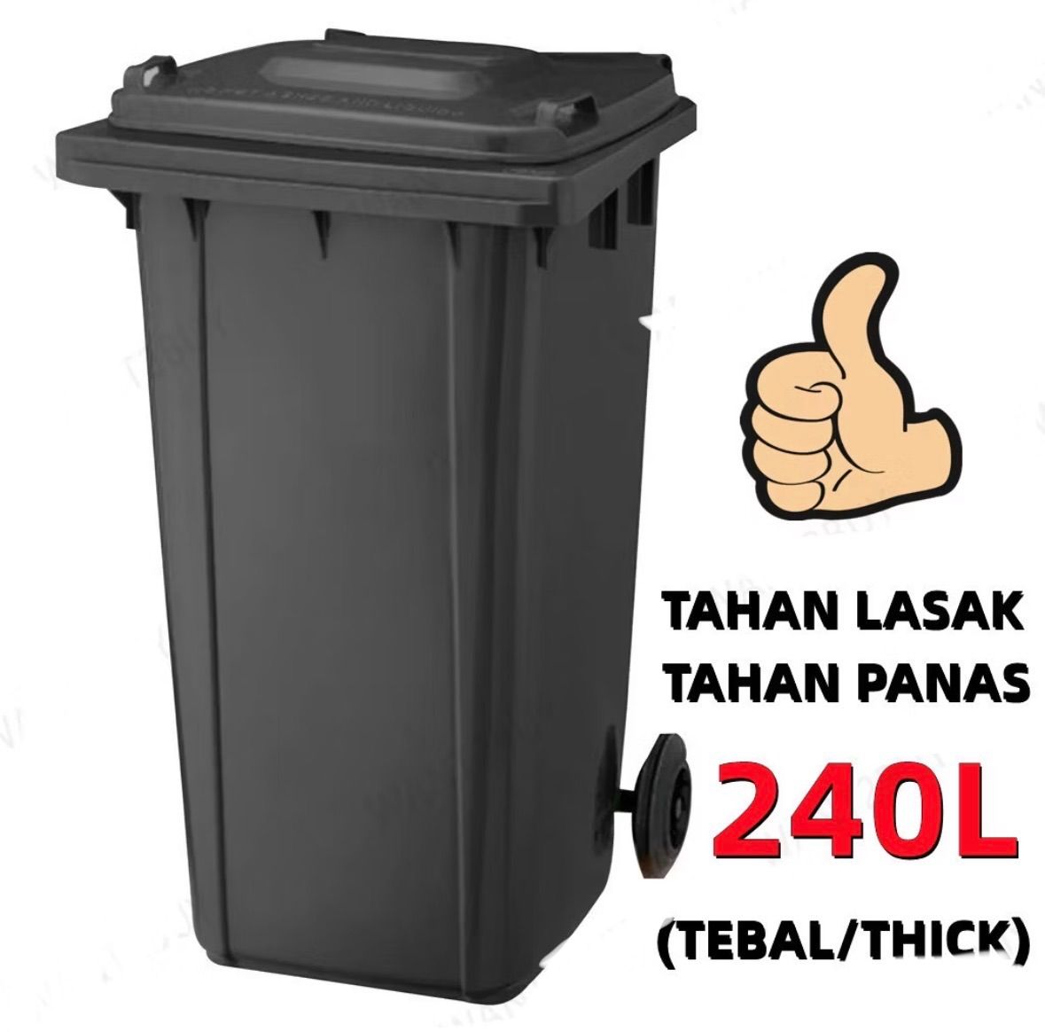Heavy Duty Dustbin Tong Sampah Bertutup Besar Beroda Trash Mobile Garbage Recycle Bin 240Liter BLACK