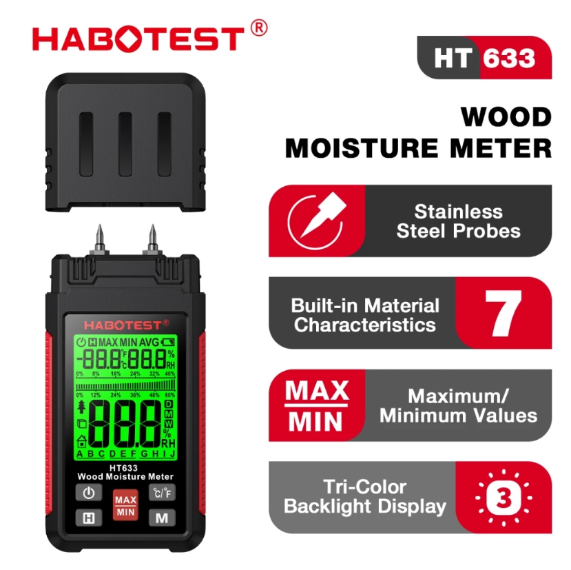 HABOTEST HT633 WOOD MOISTURE METER PIN TYPE DIGITAL DETECTOR