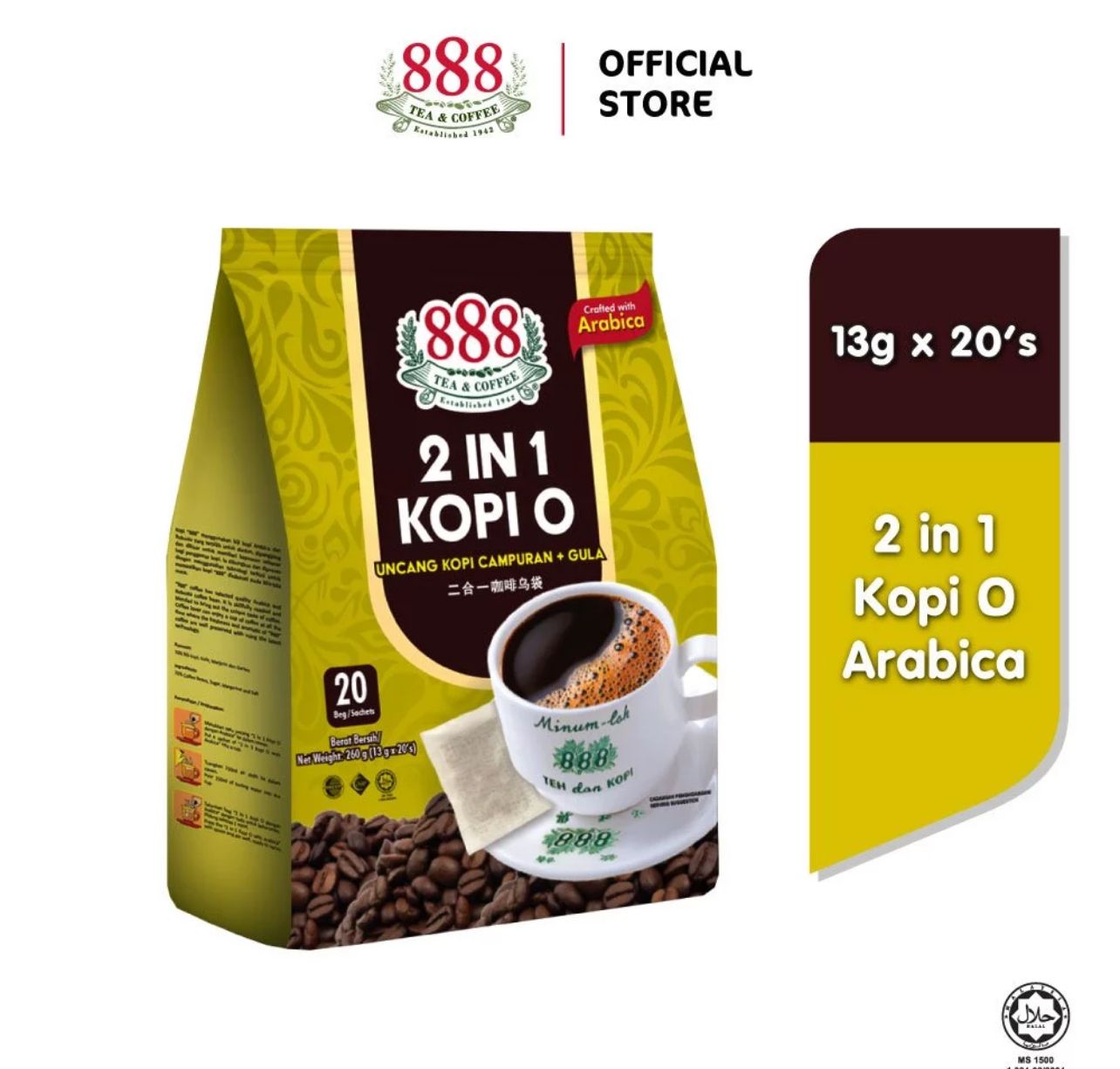 888 2 In 1 Kopi O / Black Coffee Arabica (13g x 20 Sachets)