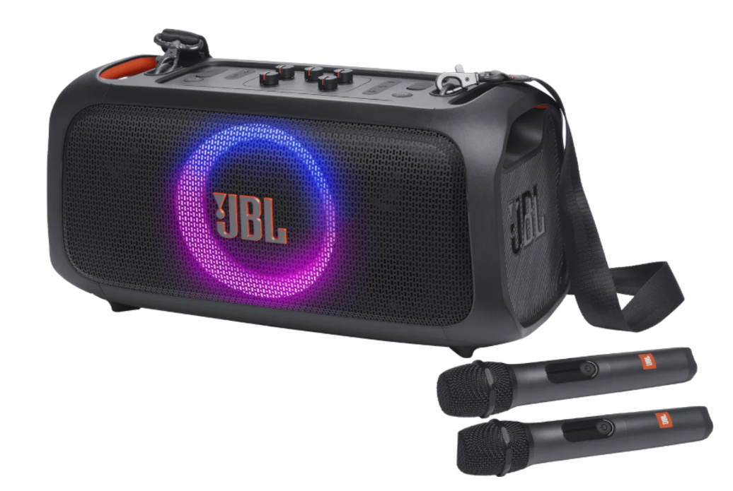 JBL PartyBox On-The-Go Essential Portable Party Speaker with Built-In Lights and 2x Wireless Microphone