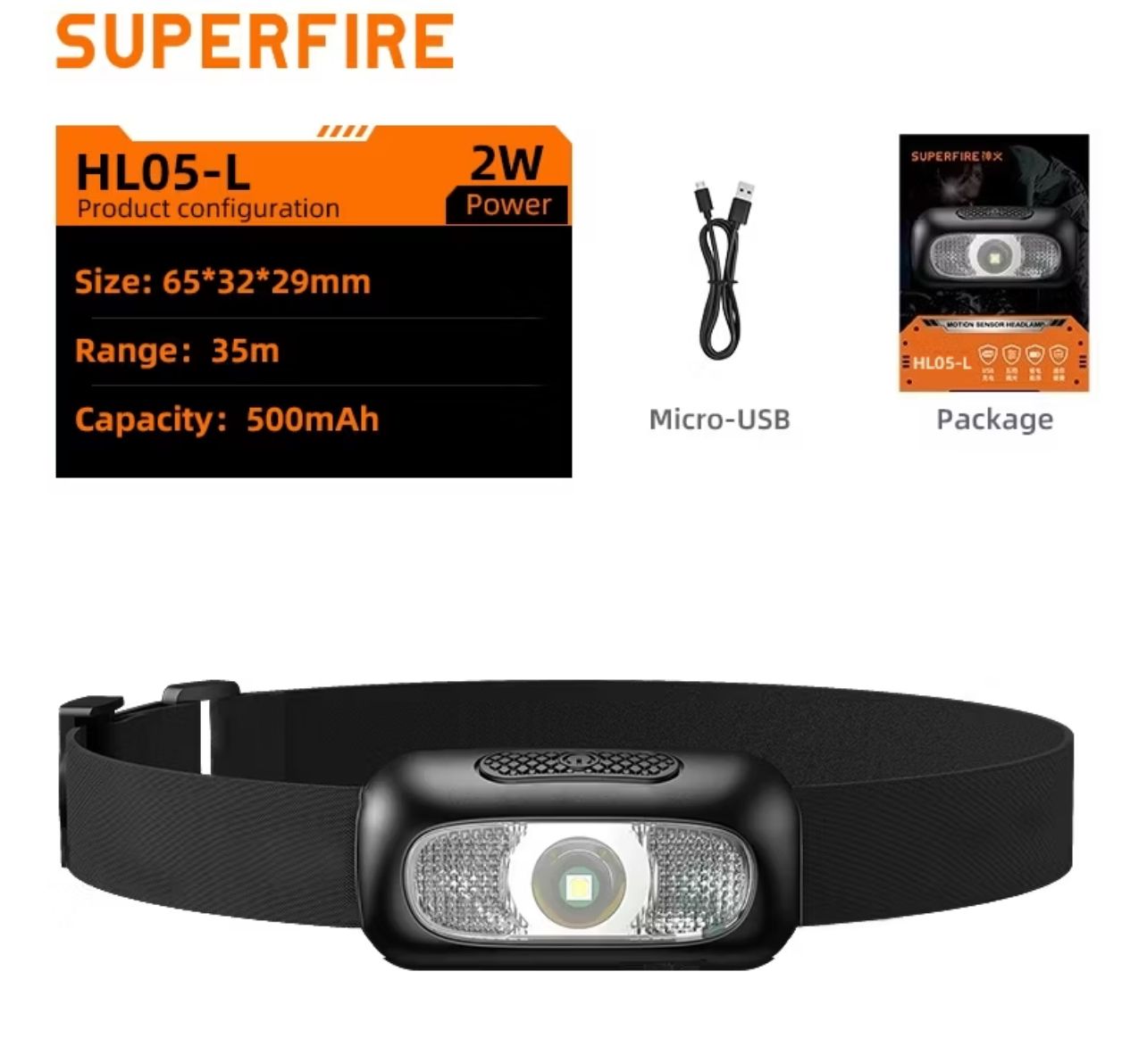SUPERFIRE HL05-L-2W Lampu Kepala Terang LED Rechargeable Headlamp Strong Bright Long-range Super Bright Outdoor Lampu Suluh Kepala