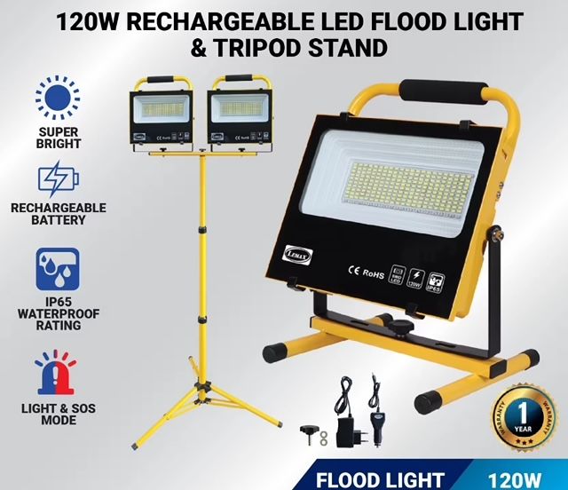 LEMAX Super Bright Rechargeable LED Flood Light Portable (120W) AC/DC (With Tripod)