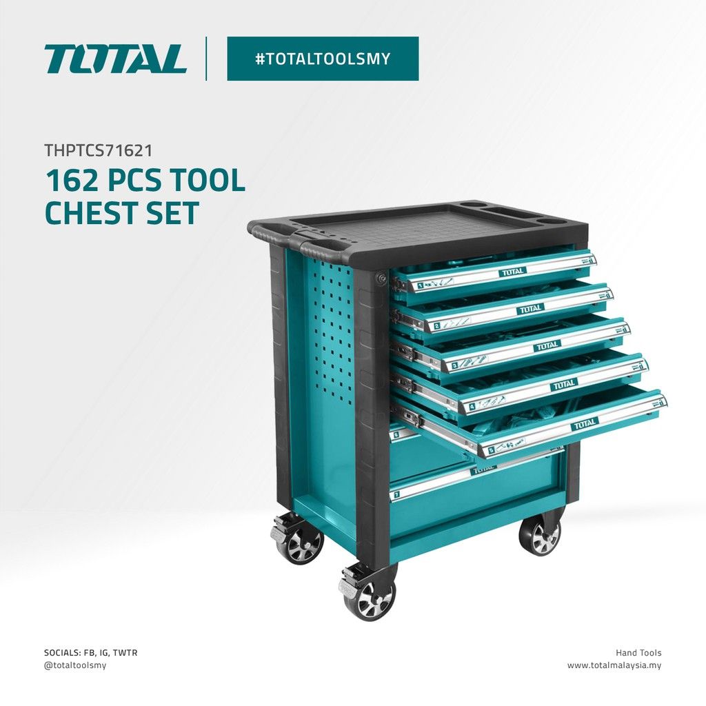 TOTAL 162 PCS TOOL CHEST SET W/ 7 DRAWERS CASTOR W/ BRAKES WRENCH SOCKETS RATCHET SCREWDRIVER BITS - THPTCS71621