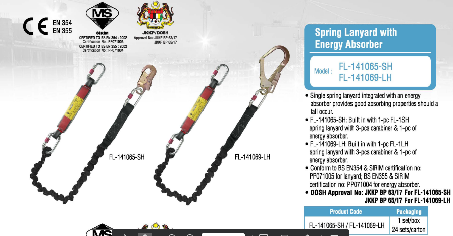 PROGUARD SPRING LANYARD WITH ENERGY ABSORBER (FL-141065-SH / FL-141069-LH)- DOSH & SIRIM APPROVAL
