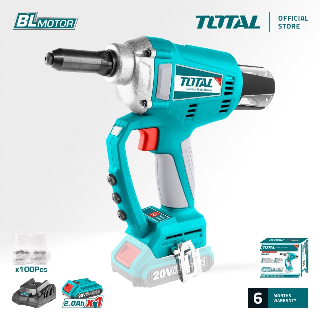 TOTAL LI-ION RIVET TOOL (20KN PULL FORCE/25MM TRAVEL/20V) + 2.0AH BATTERY + CHARGER + RIVET (100 PCS) P20S TRTLI20051