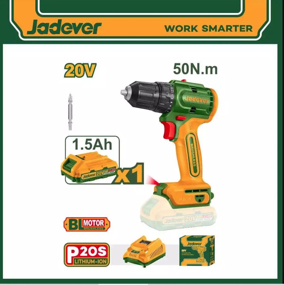 JADEVER BRUSHLESS CORDLESS DRILL WITH 1PCS 1.5AH 20V BATTERY AND 1PCS CHARGER JDCDP5521