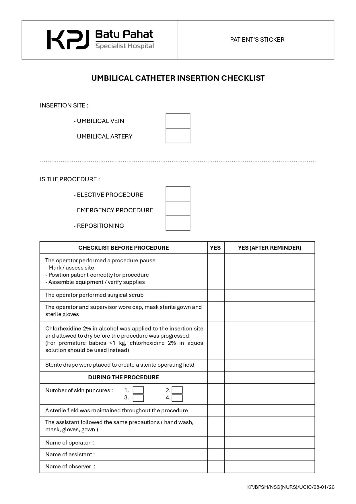 Umbilical Catheter Insertion Checklist
