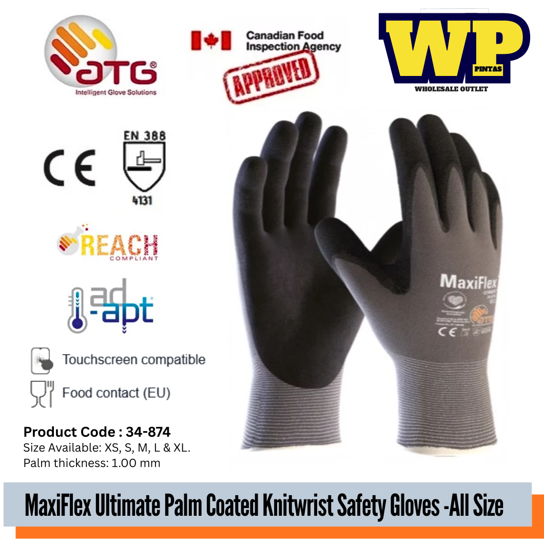 PROGUARD - MAXIFLEX ULTIMATE PALM COATED KNITWRIST SAFETY GLOVES -ALL SIZE / MICRO-FOAM NITRILE COATED GLOVE / ABRASION GLOVE / PAINTING WORK GLOVE / CONSTRUCTION GLOVE / HAND PROTECTION / GLOVE / 34-874