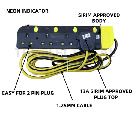 *Black/Yellow Serious Extension Plug 5 METER 2G,3G,4G,5G Trailing Socket 1.25MM X 3C Wire Extension C/W Neon