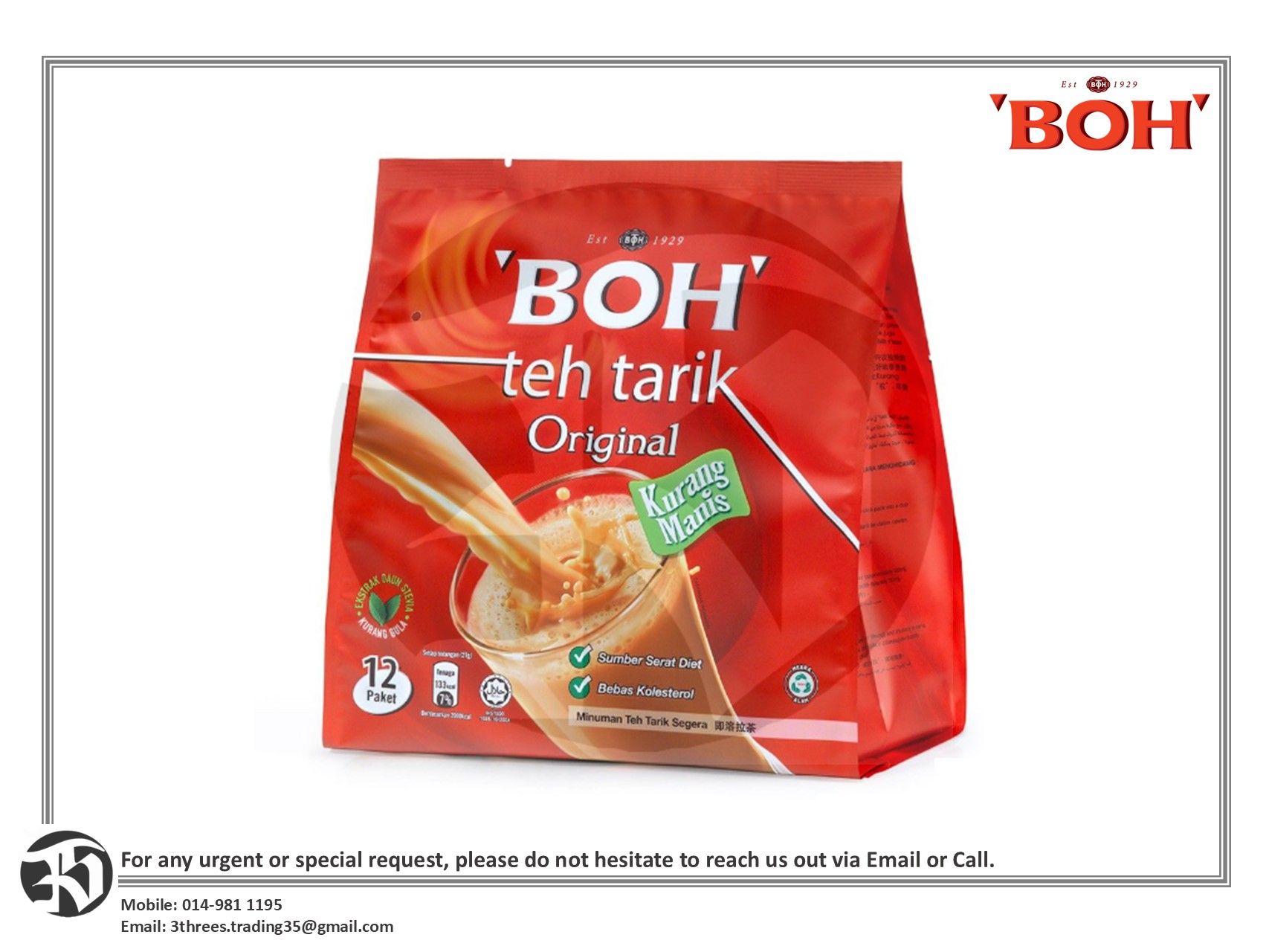BOH 3 in 1 Teh Tarik Kurang Manis Original (27g x 12's)