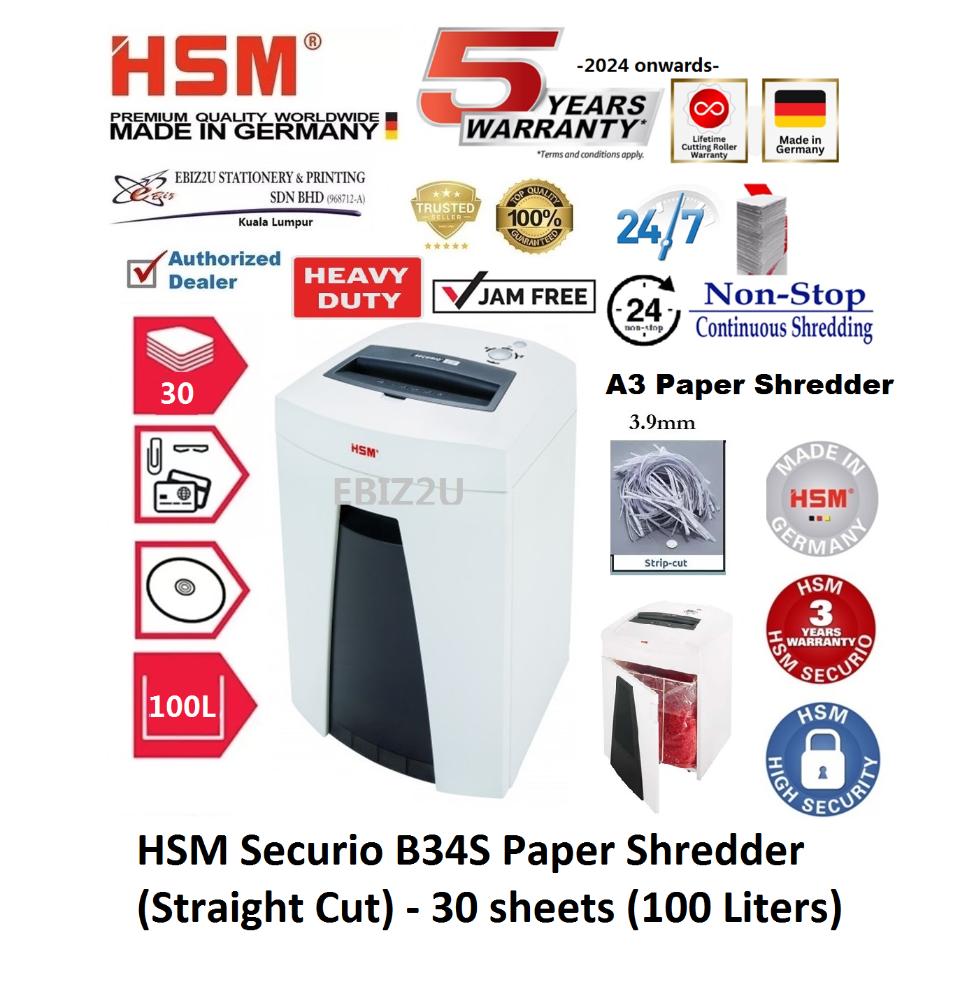 HSM Securio B34 S Paper Shredder (Straight Cut) - 30 sheets (100 Liters) ( B34S, Strip Cut, Straight Cut, Paper Shredder, Shredder Machine, Office Automation, Office Shredder, Mesin Penghancur Kertas, Heavy Duty Shredder, Heavy Duty Paper Shredder)