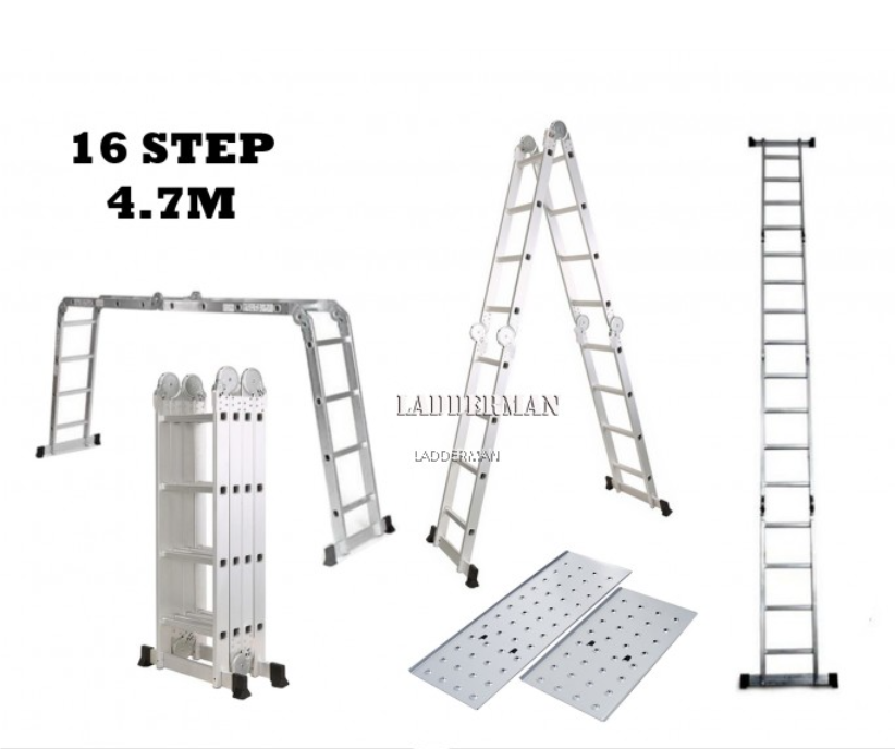M47MLWP 16 STEP MULTIPURPOSE ALUMINIUM LADDER WITH WALKING PLATFORM 4.7M