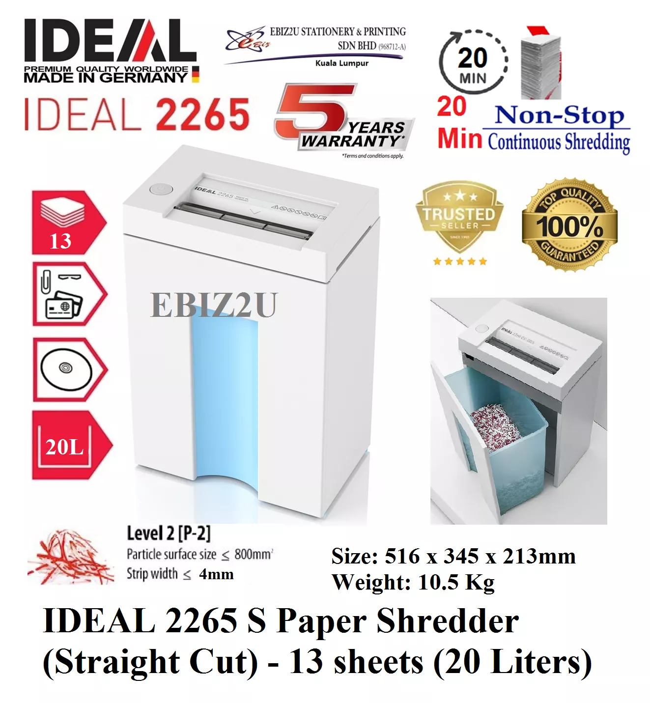 IDEAL 2265 S Paper Shredder (Straight Cut) - 13 sheets (20 Liters) 5 Years Warranty (2265S, Strip Cut, Personal Shredder, Paper Shredder, Shredder Machine, Office Shredder, Home Shredder, Mesin Penghancur Kertas)