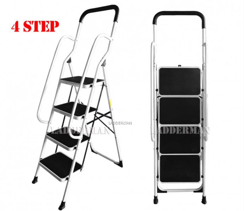 4 STEP SIDE SUPPORT SAFETY HANDLE FOLDABLE STEP STOOL STEEL LADDER WITH SOFT HAND GRIP