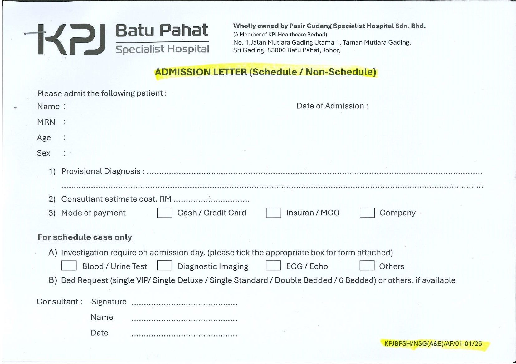 Admission Letter (Schedule/Non-Schedule)