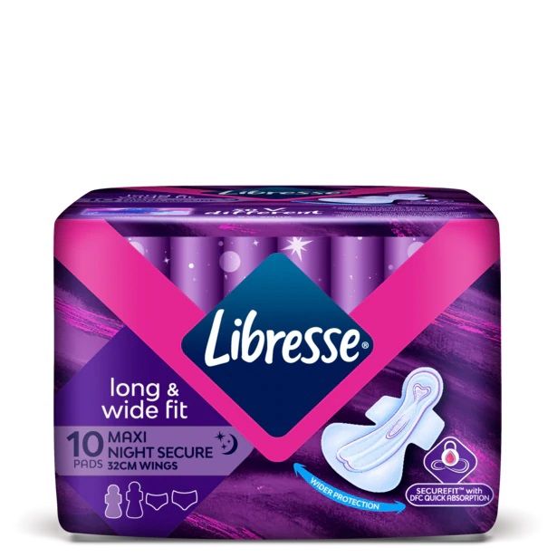 Libresse Maxi Long & Wide Fit Night Secure 32cm Wings 10's