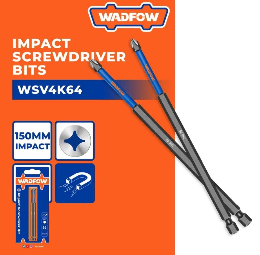 WADFOW IMPACT SCREWDRIVER BITS HEAD PH2 S2 INDUSTRIAL STEEL WITH MAGNET (150MM X 2 PCS/SET) WSV4K64