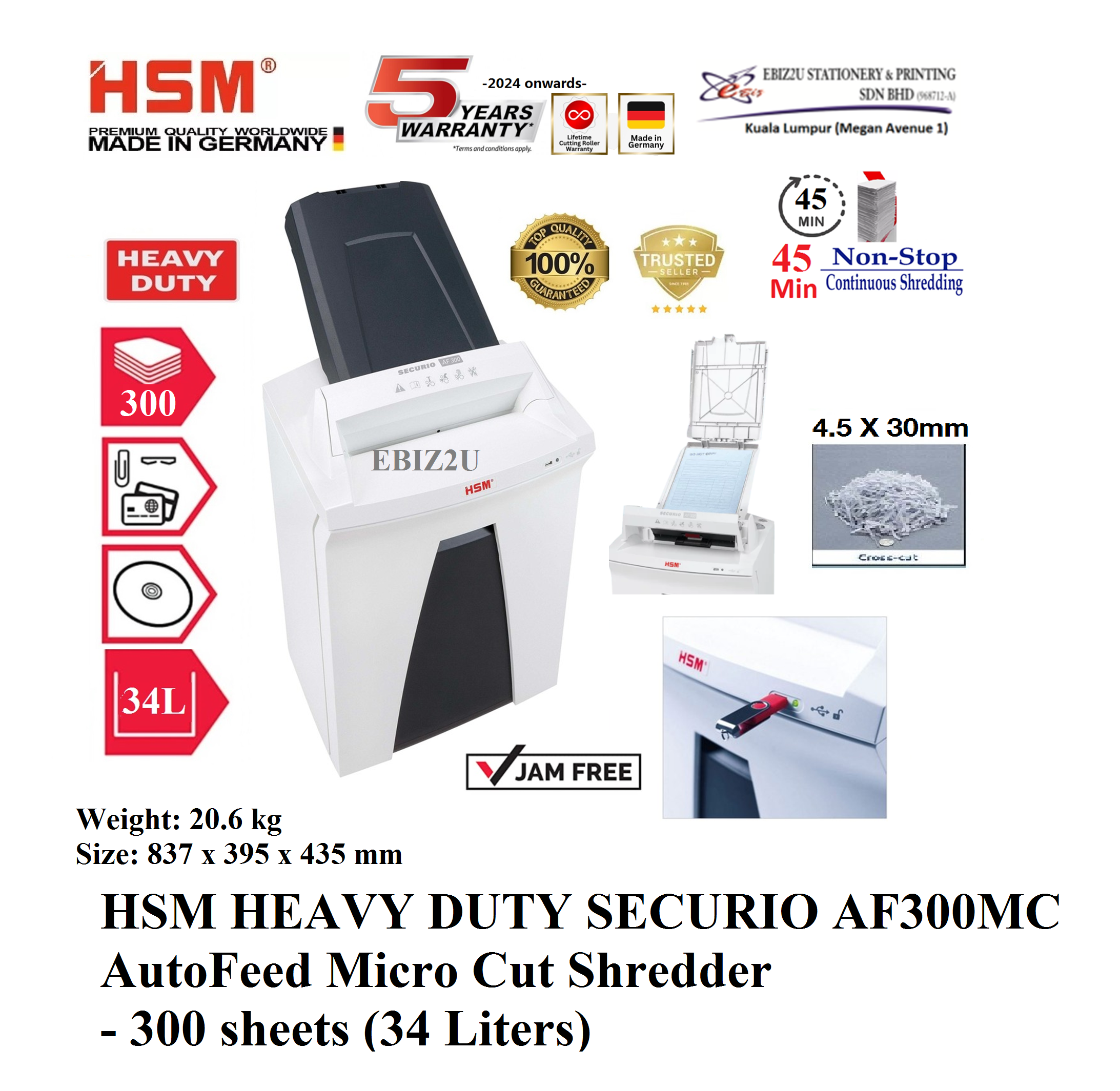 HSM HEAVY DUTY SECURIO AF300 CC 1.9 x 15mm Auto Feed Micro Cut Shredder - 300 sheets (34 Liters) (Micro Cut, Paper Shredder, Shredder Machine, Office Shredder, Heavy Duty Shredder, Mesin Penghancur Kertas)