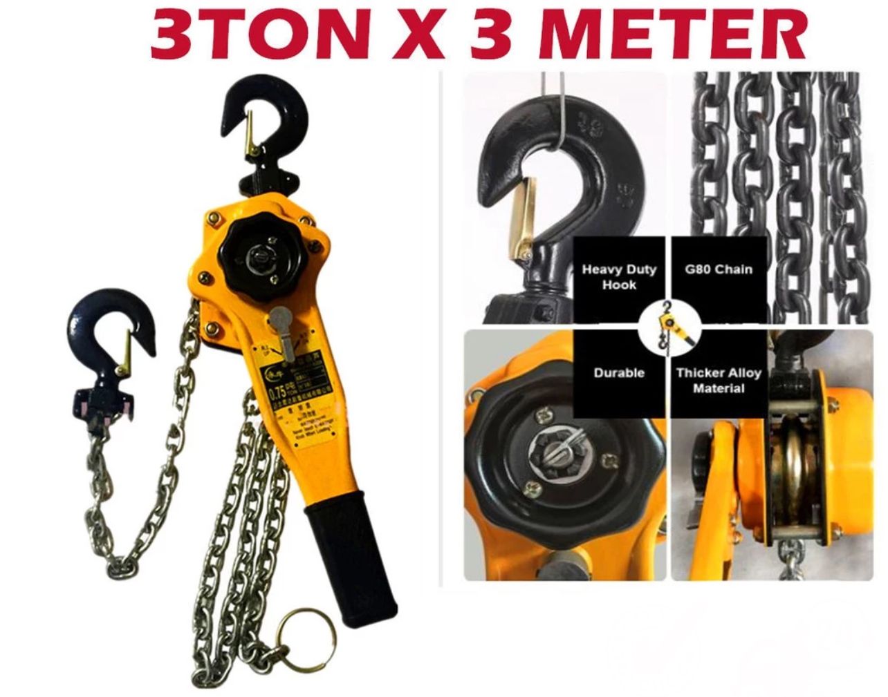 QS Lever Block / Chain Lift Construct Block Hoist Heavy Duty G80 Chain Alloy Hook 1ton X 3meter - Blok Rantai