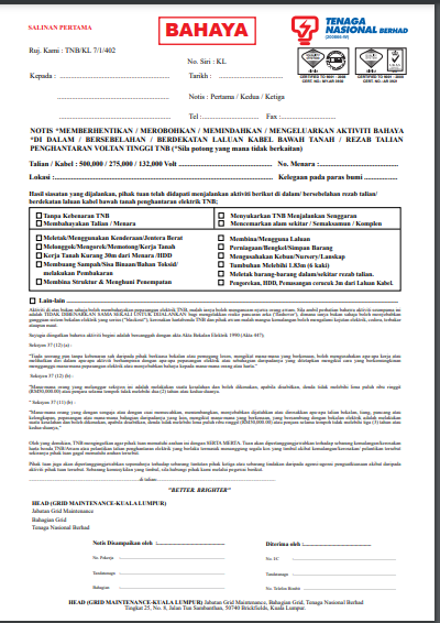 Buku TNB (Notis memberhentikan/meroboh/memindahkan/mengeluarkan aktiviti bahaya)