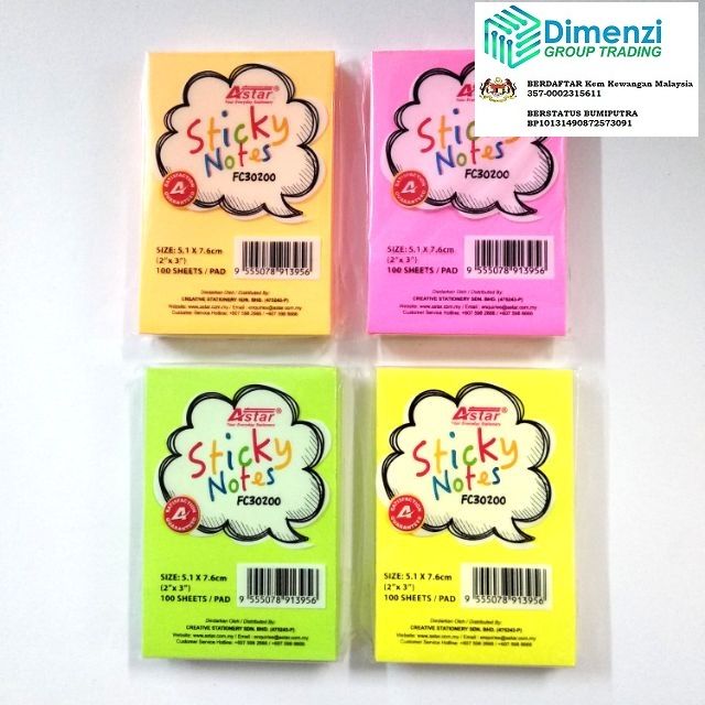 ASTAR STICKY NOTE (NOTE STICKER) 2"X3"-ORANGE,PINK,YELLOW,GREEN