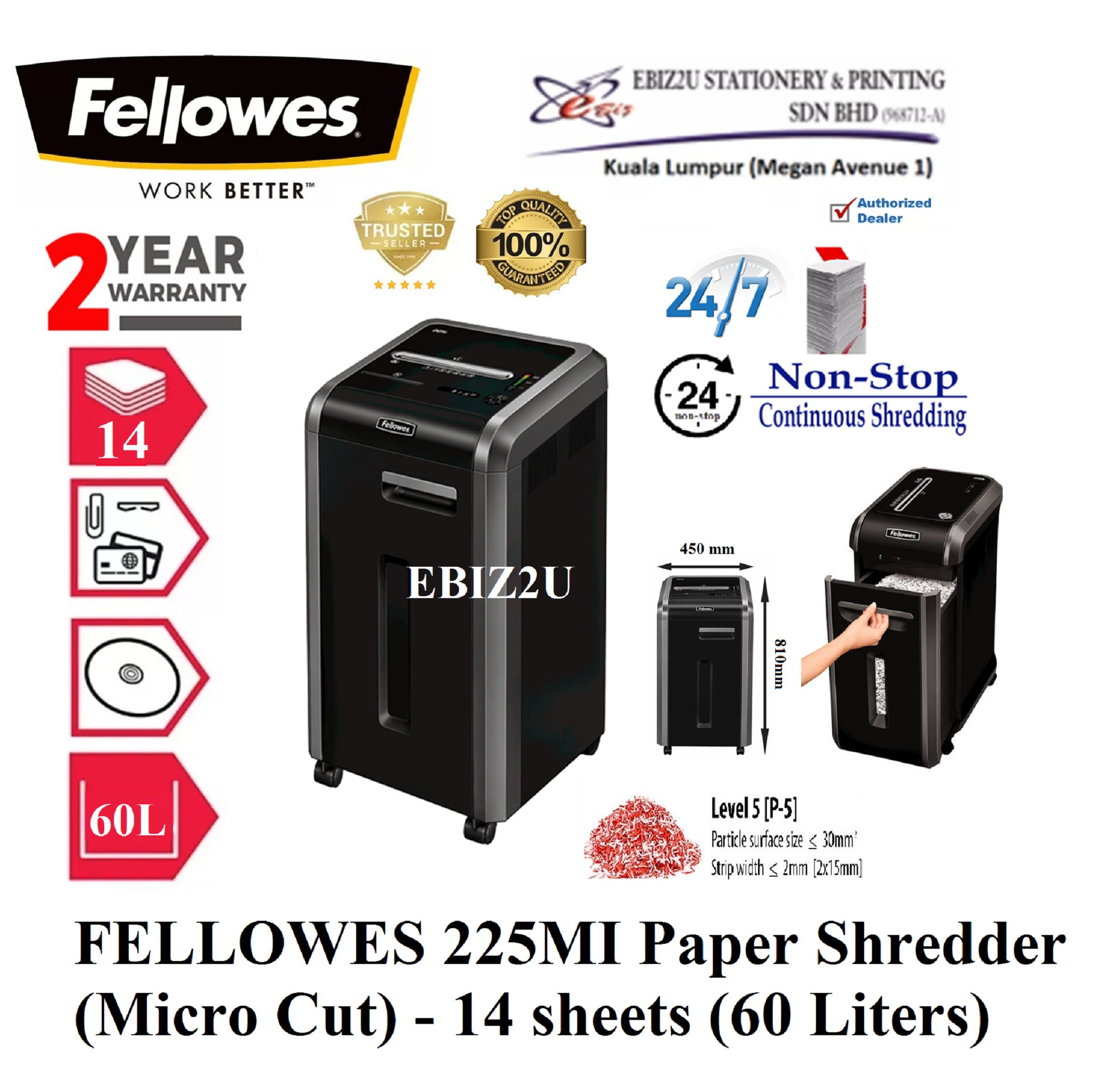 FELLOWES 225MI Paper Shredder (Micro Cut) - 14 sheets (60 Liters) (Paper Shredder, Shredder Machine, Office Shredder, Mesin Penghancur Kertas, Heavy Duty Shredder, Heavy Duty Paper Shredder)