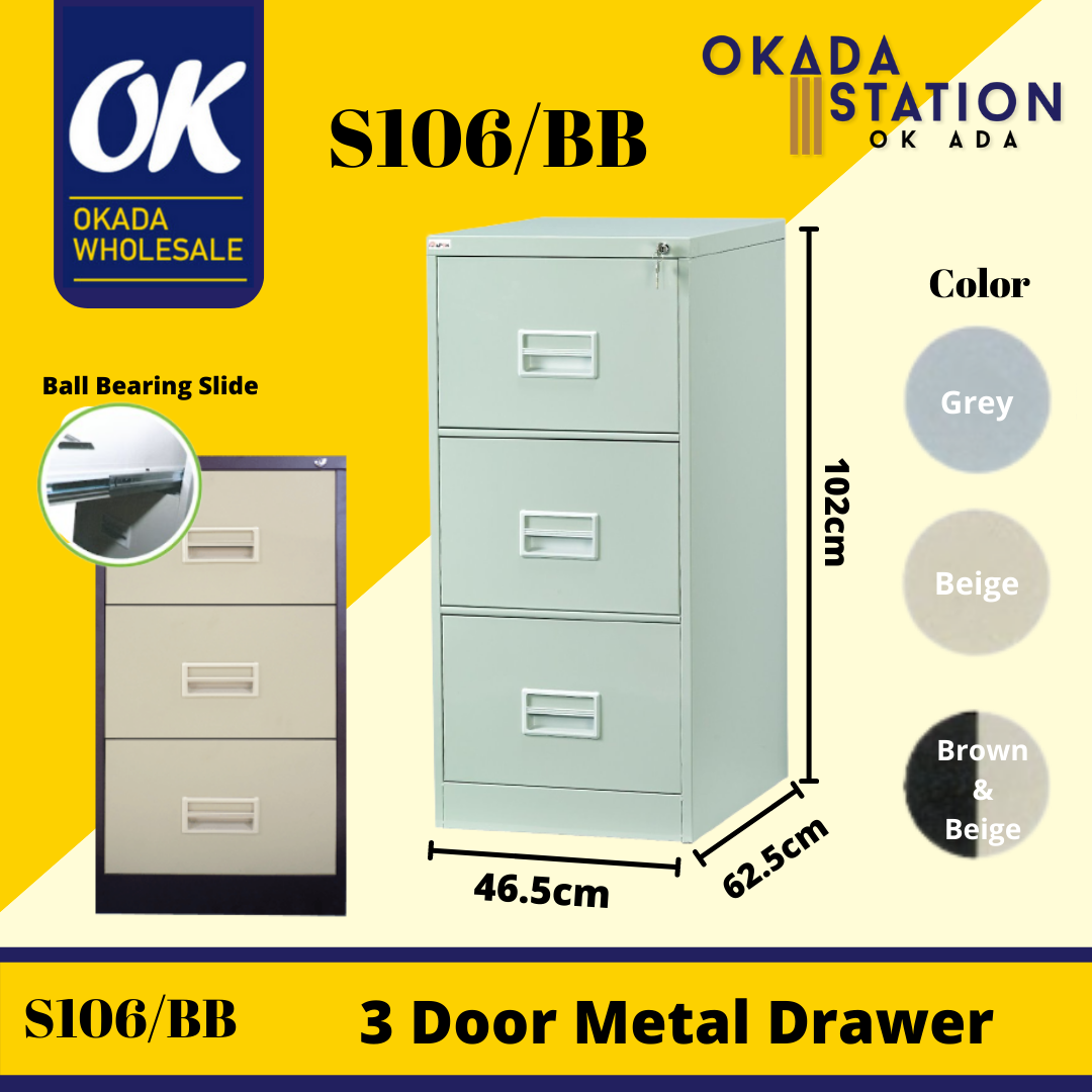 3 Drawer Filing Cabinet (With Recess Handle & Ball Bearing Slide) OKADA S106/BB 3 Drawer Filing Cabinet (With Recess Handle & Ball Bearing Slide) / Filing Cabinet / S106/BB / Almari Besi / Steel Drawer Cabinet / 3 Layer Metal Drawer / 3 Drawer Filing