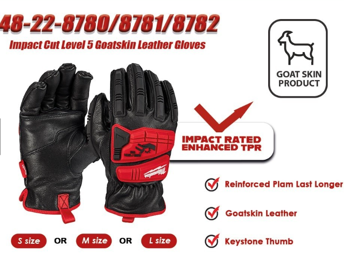 MILWAUKEE 48-22-8780 48-22-8781 48-22-8782 Impact Cut Level 5 Goatskin Leather Gloves S/M/L size