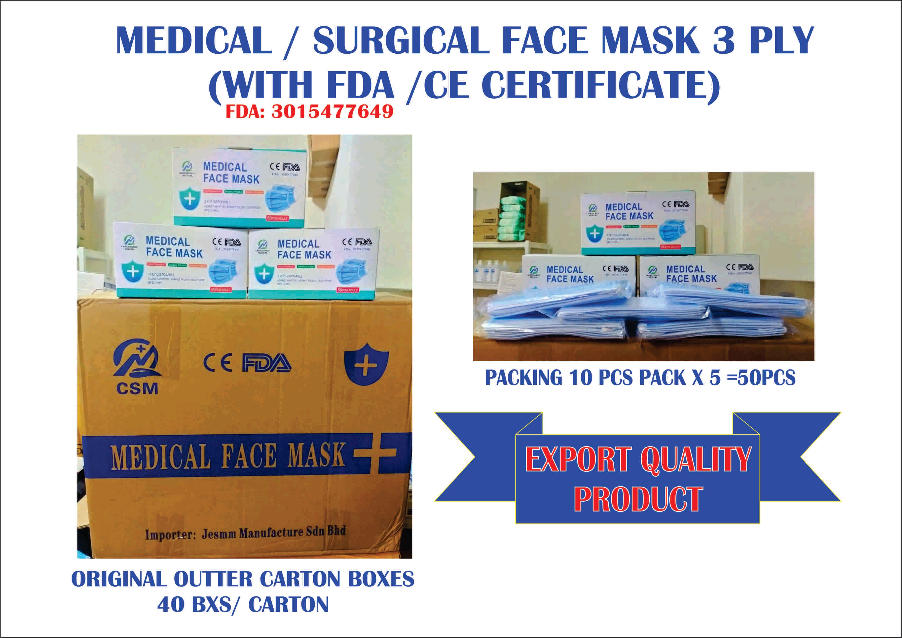 CSM OCHA MEDICAL / SURGICAL FACE MASK 3 PLY (WITH FDA /CE CERTIFICATE) FDA :FDA: 3015477649 ( FREE DELIVERY PENINSULAR MALAYSIA ONLY)