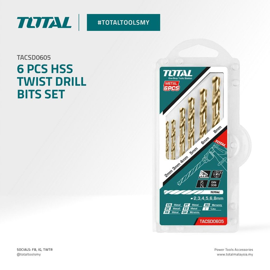 TOTAL HSS TWIST DRILL BITS SET (2MM-8MM/6 PCS) TACSD0605