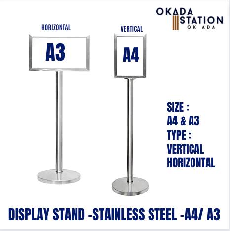 STAINLESS STEEL DISPLAY SIGN STAND / DISPLAY STAND / A4 / A3 / VERTICAL / HORIZONTAL