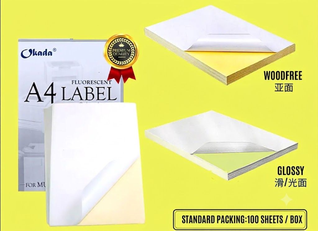 A4 LABEL WOODFREE /A4 LABEL GLOSSY (STICKER) 100'S-WHITE /OKADA /A4 LABEL /WOODFREE LABEL /OKADA WHITE LABEL # A4