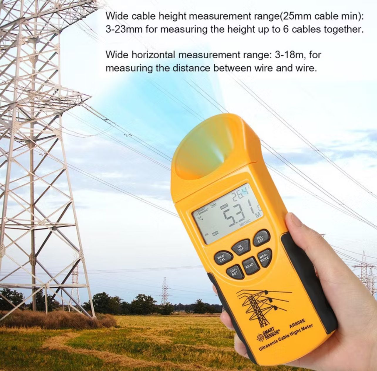 Smart Sensor AR600E LCD Display 6 Cables Measurement Ultrasonic Cable Height Meter