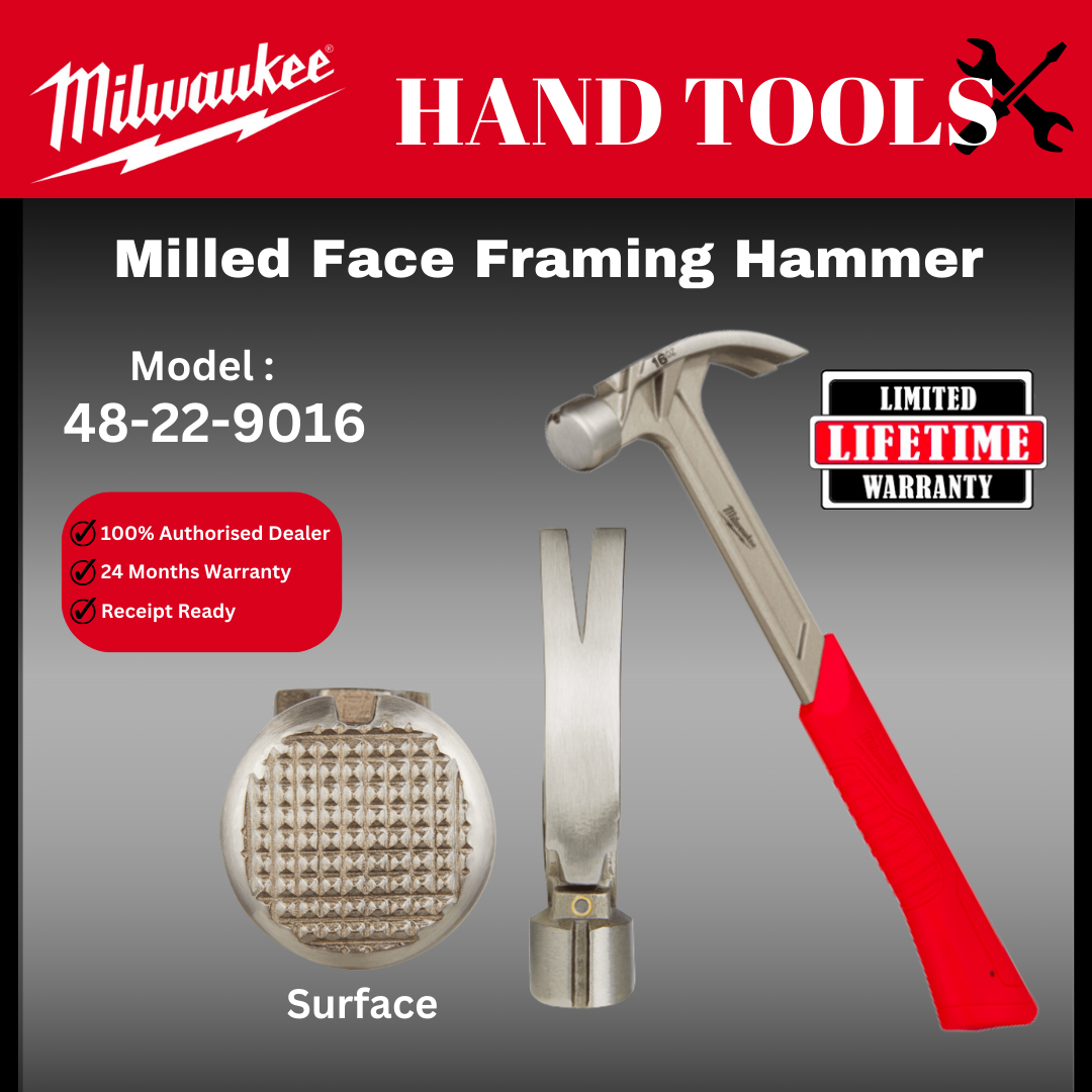 Milwaukee Steel Hammer / 17oz Milled Face Framing Hammer / 48-22-9016 / Heavy Duty Hammer