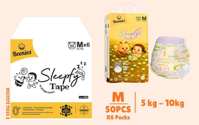 ( Live only ) Beenies Sleepfy Pants – 6 Packs per Carton | Baby Diaper Pants (M / L / XL / XXL) 80720 + 11355 M 1Ctn SL-11355-11358