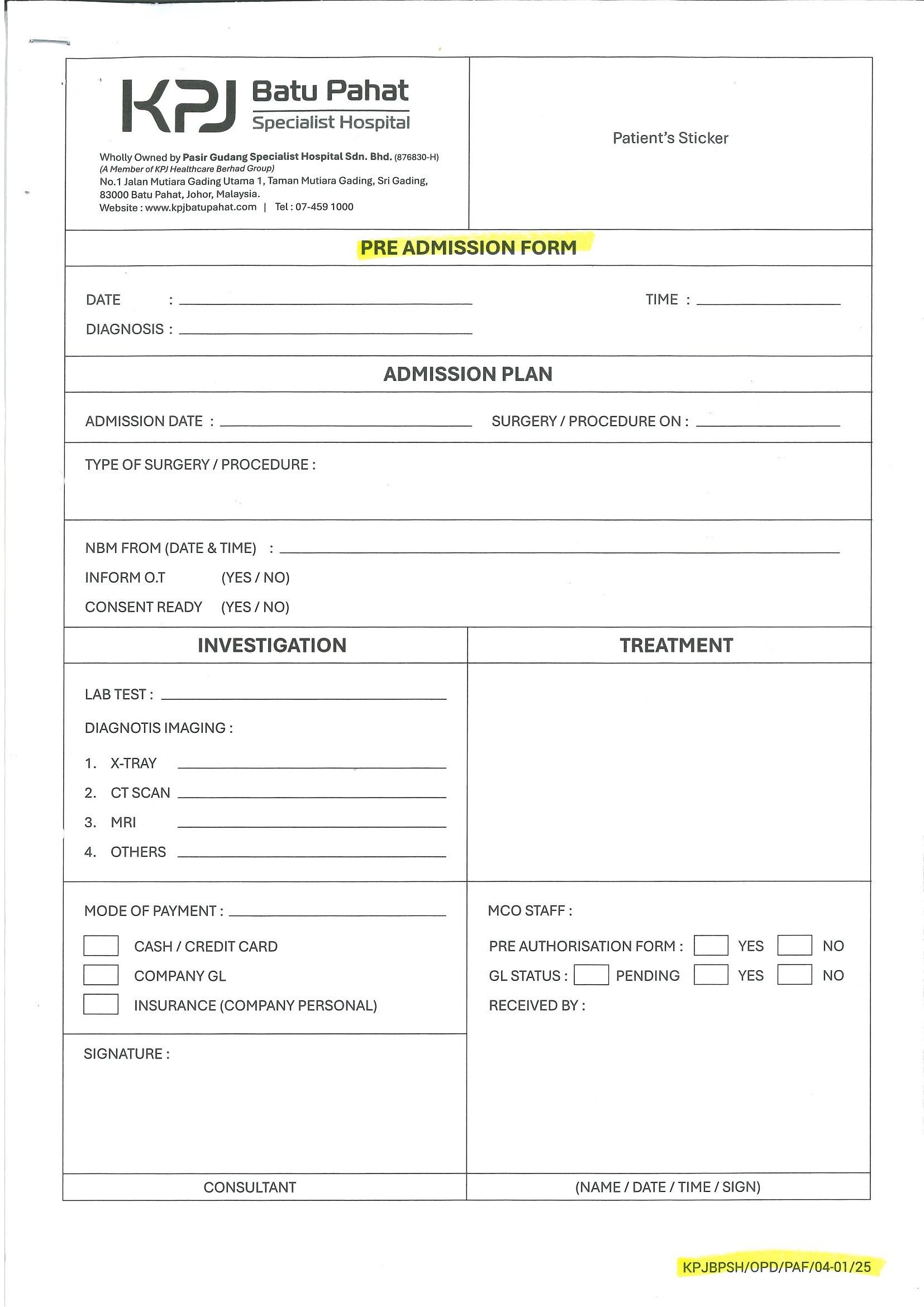 Pre Admission Form