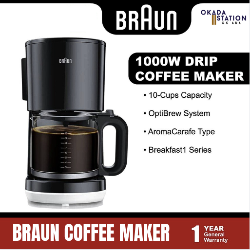Braun Coffee Machine Drip (Black) (1000w) EasyFill Pivoting Filter Basket Double Scale Water Window / COFFEE MAKER